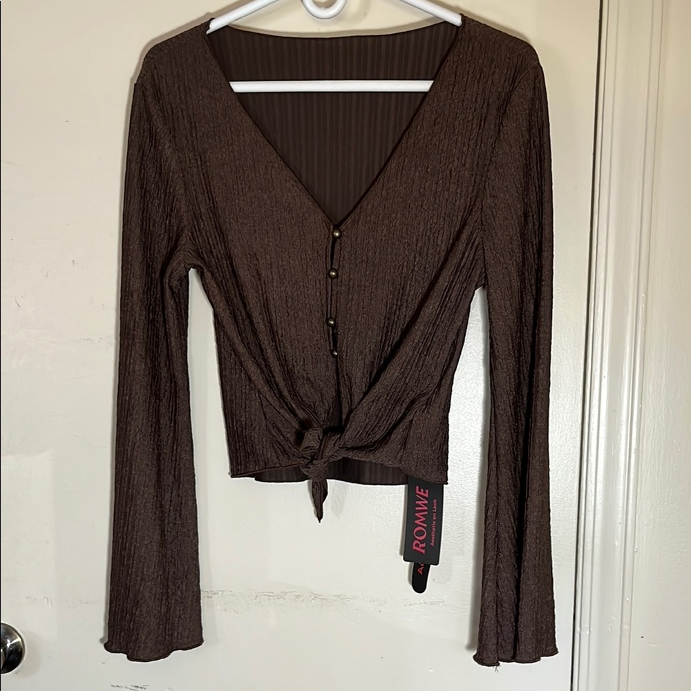 ROMWE Brown Bell Sleeve Tie Front Blouse